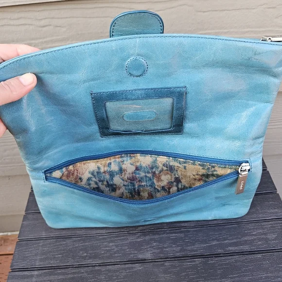 Hobo International Teal Blue Aqua Leather Fold Over Clutch Bag Small Purse